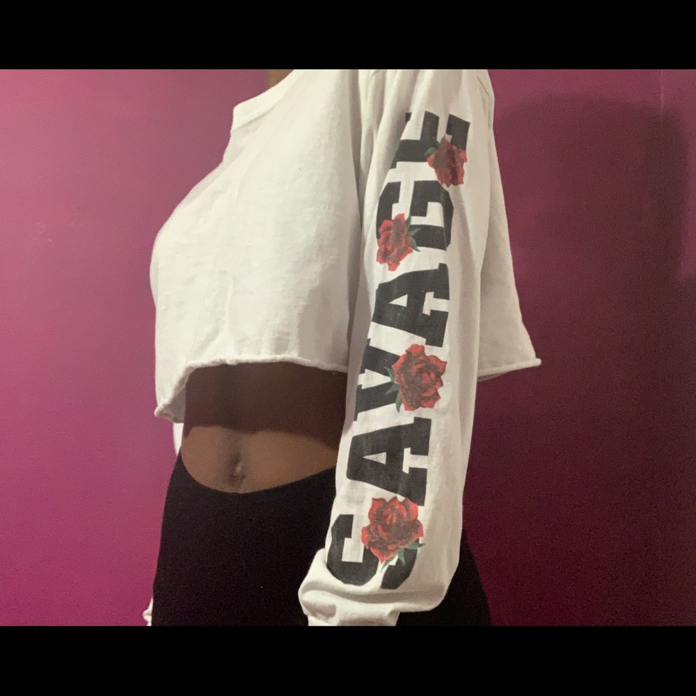 White “SAVAGE” rose cropped long sleeve